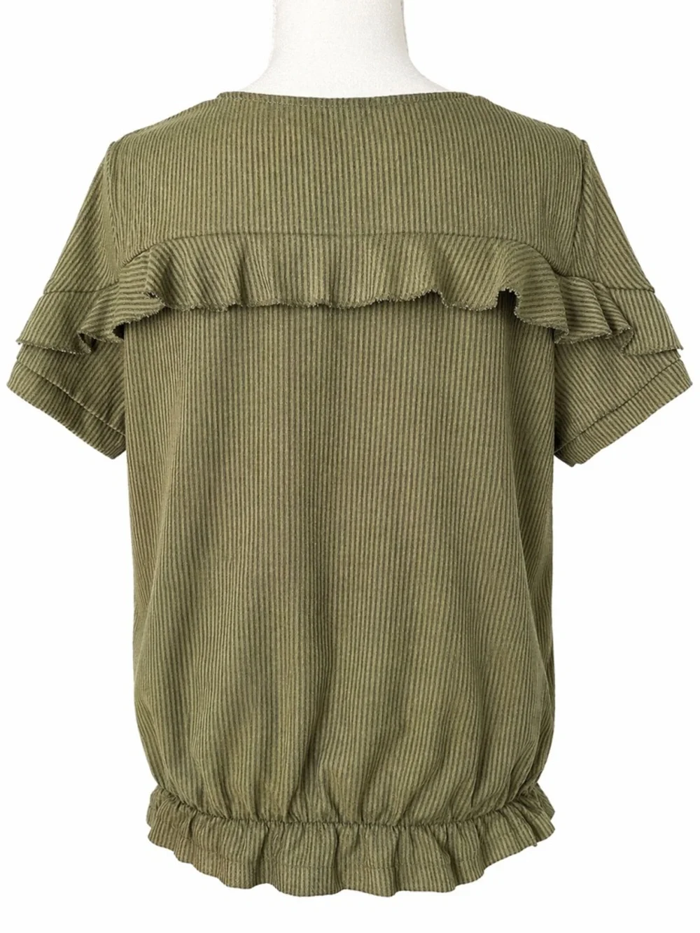 Ruffled Olive Green Short Sleeve Ribbed Top - Picture 2 of 3